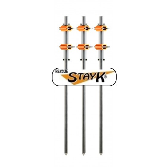 Three metal stakes with orange anchors labeled "RESCUE STAY K." Designed for secure outdoor use, ideal for emergency or rescue applications.