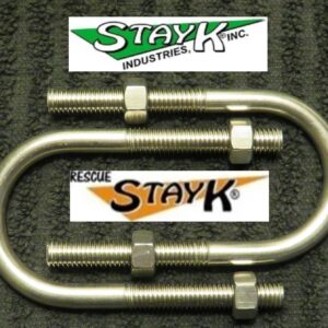 Metal U-bolt with nuts, branded by StayK Industries, placed on a textured black surface. Ideal for industrial or rescue applications.