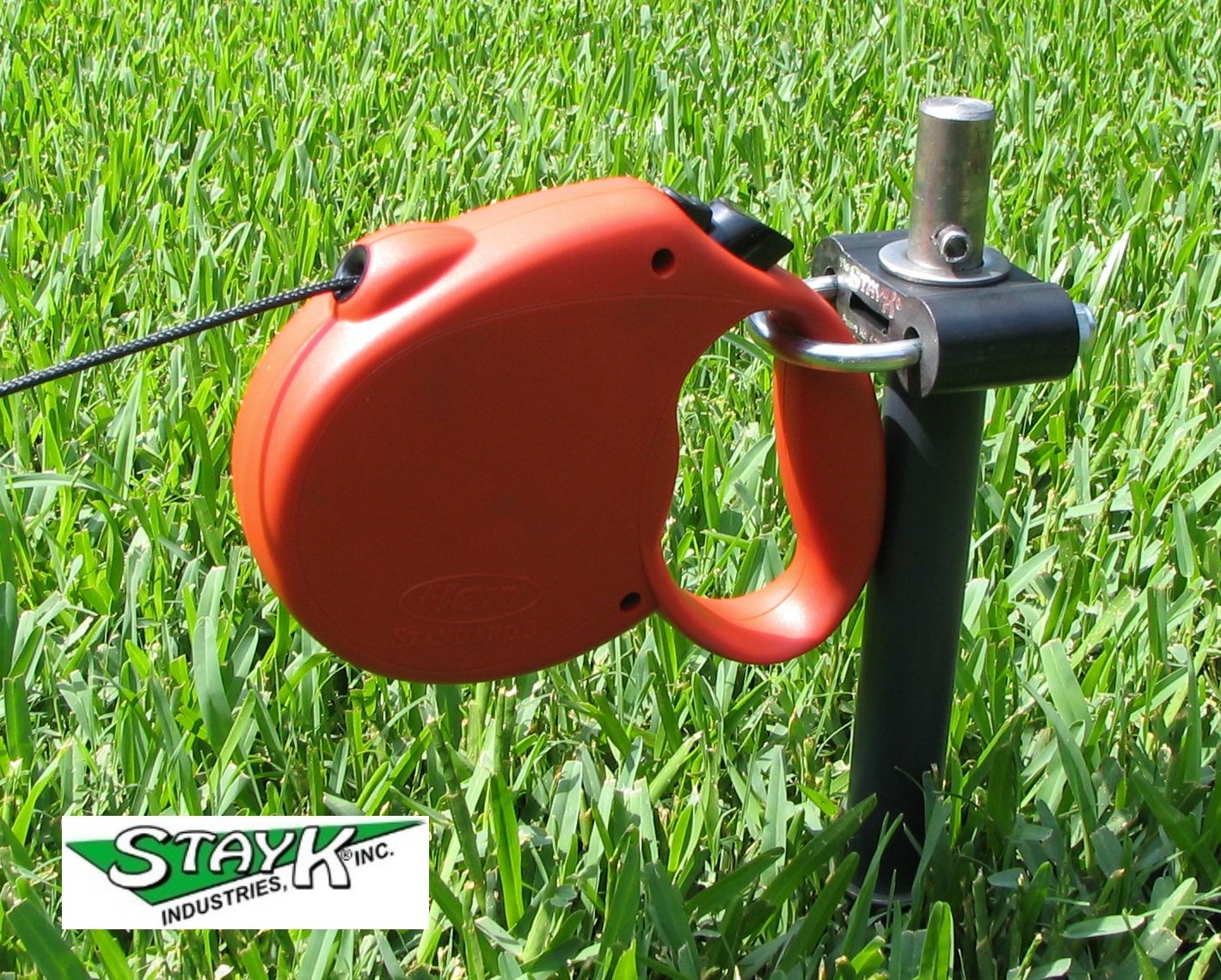 A red retractable leash anchored to a black post, set against a backdrop of green grass. Demonstrates pet control equipment for outdoor use.
