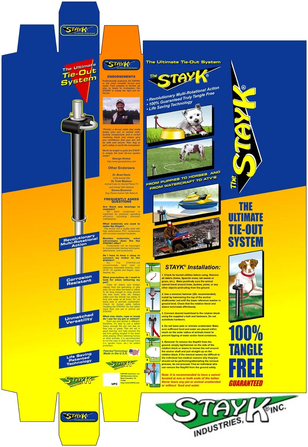 Packaging for the StayK Ultimate Tie-Out System, highlighting its features such as tangle-free functionality and versatility for pets and outdoor use.