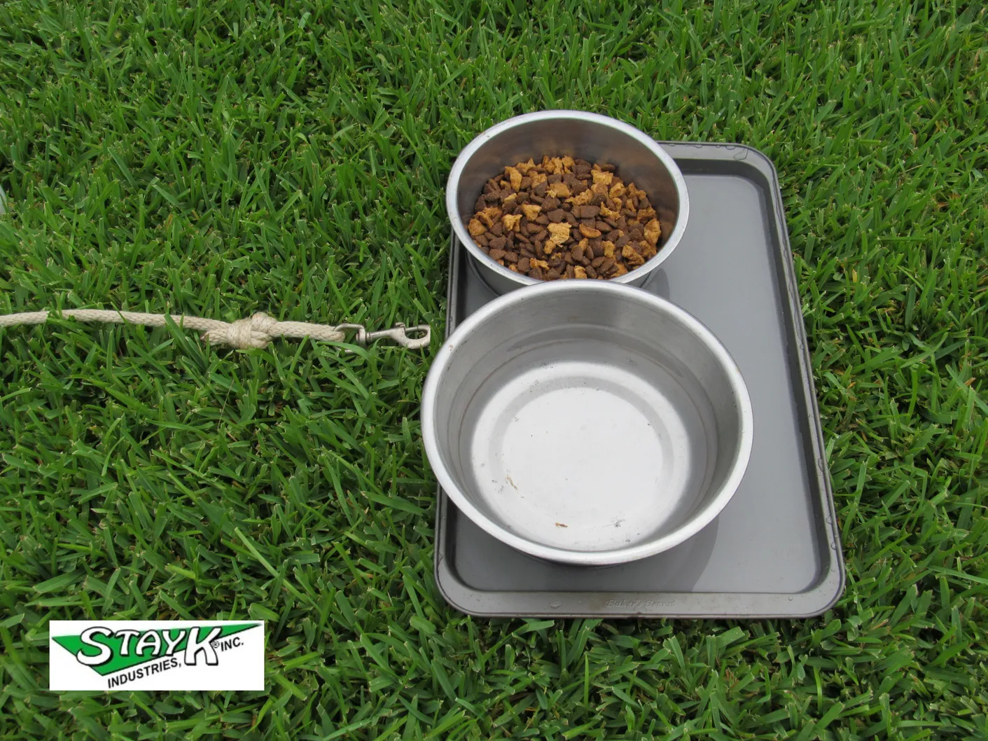 Two stainless steel pet bowls sit on a gray tray in grass: one filled with dry food and the other empty, indicating meal preparation for a pet.