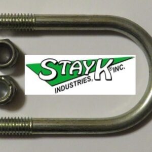 U-bolt with two accompanying nuts, featuring the Stay K Industries logo, commonly used for securing components in construction or automotive applications.