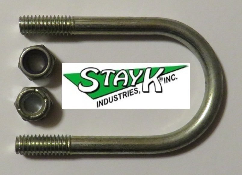 U-bolt with two accompanying nuts, featuring the Stay K Industries logo, commonly used for securing components in construction or automotive applications.