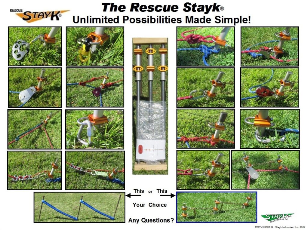 Rescue Stayk tools displayed in various configurations on grass, showcasing their versatility for rescue purposes. The image highlights different setup options.